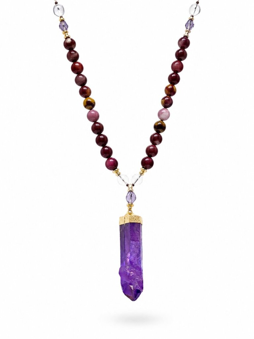 Handmade Natural Gemstone Mala Necklace | Purple Crystal Pendant | Boho Spiritua
